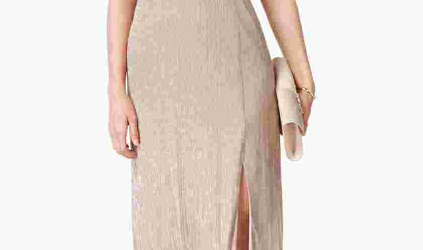 R & M Richards Women's Metallic Knit Keyhole Halter Gown Gold Size 6