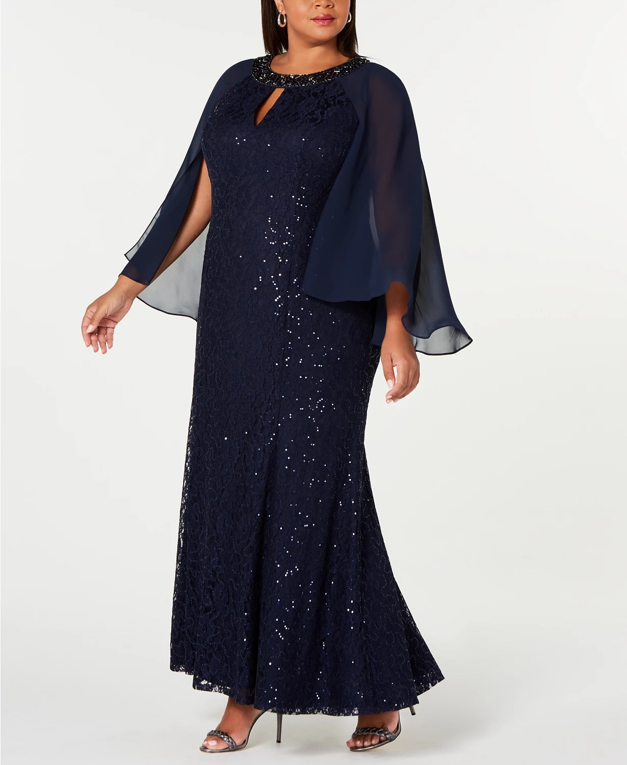 SL Fashions Women's Plus Size Lace Capelet Gown Navy Size Petite Small