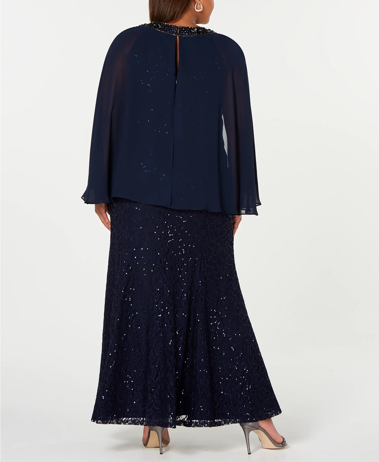 SL Fashions Women's Plus Size Lace Capelet Gown Navy Size Petite Small