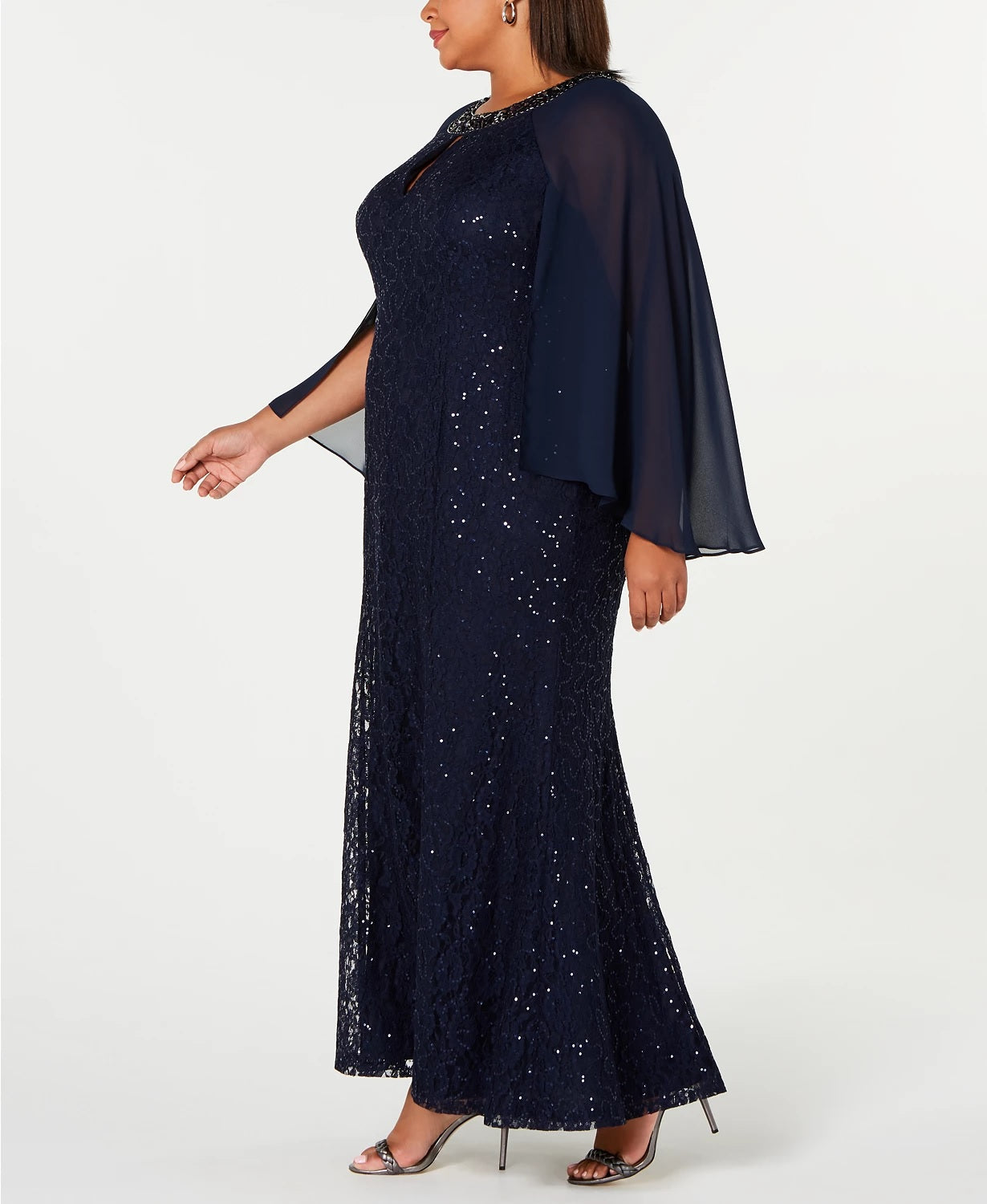 SL Fashions Women's Plus Size Lace Capelet Gown Navy Size Petite Small