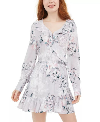 American Rag Juniors' Printed Ruffle-Trimmed Wrap Dress Gray Size Medium