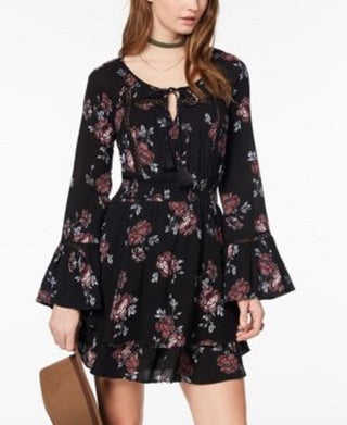 American Rag Juniors' Ruffled Floral-Print Peasant Dress Black Size Small