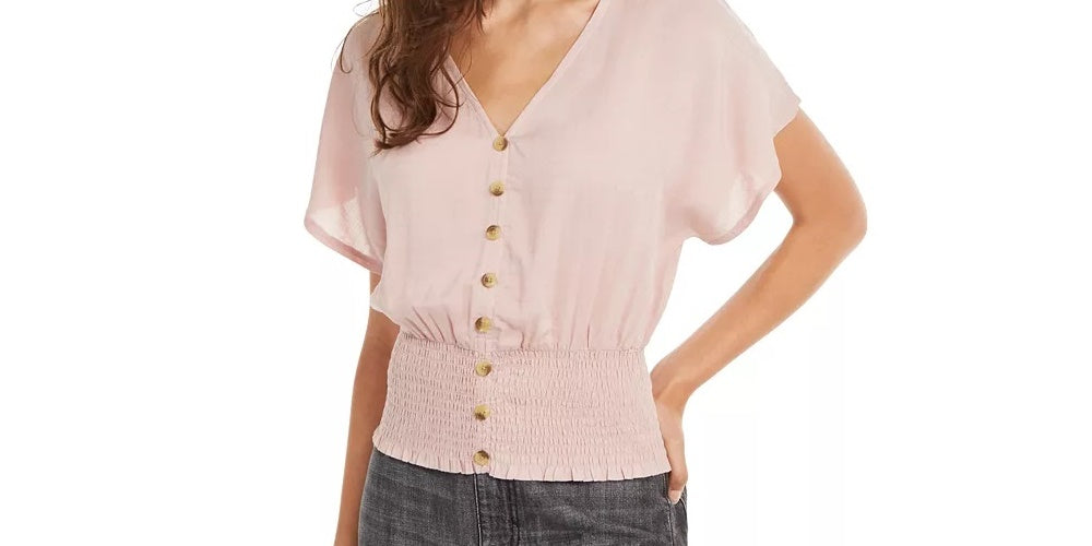 Planet Gold Juniors' Button-Up Smocked Top Pink Size Large