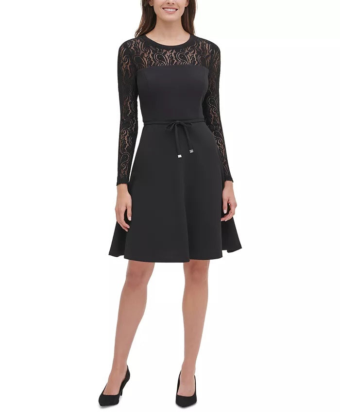 Tommy Hilfiger Women's Lace-Sleeve Fit & Flare Dress Black Size 14