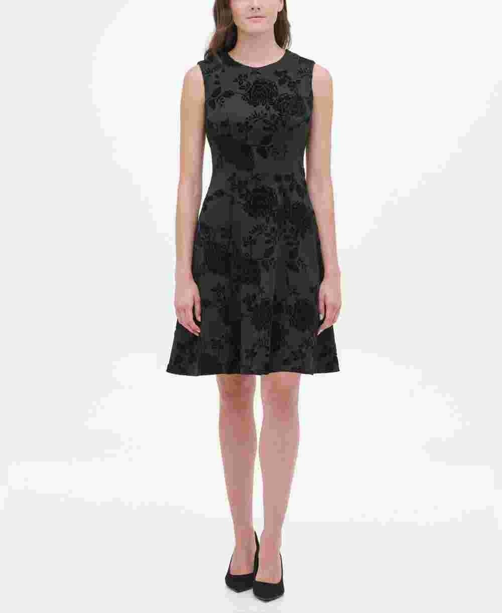 Tommy Hilfiger Women's Velvet-Flocked Shadow Floral Scuba Dress Black Size 12