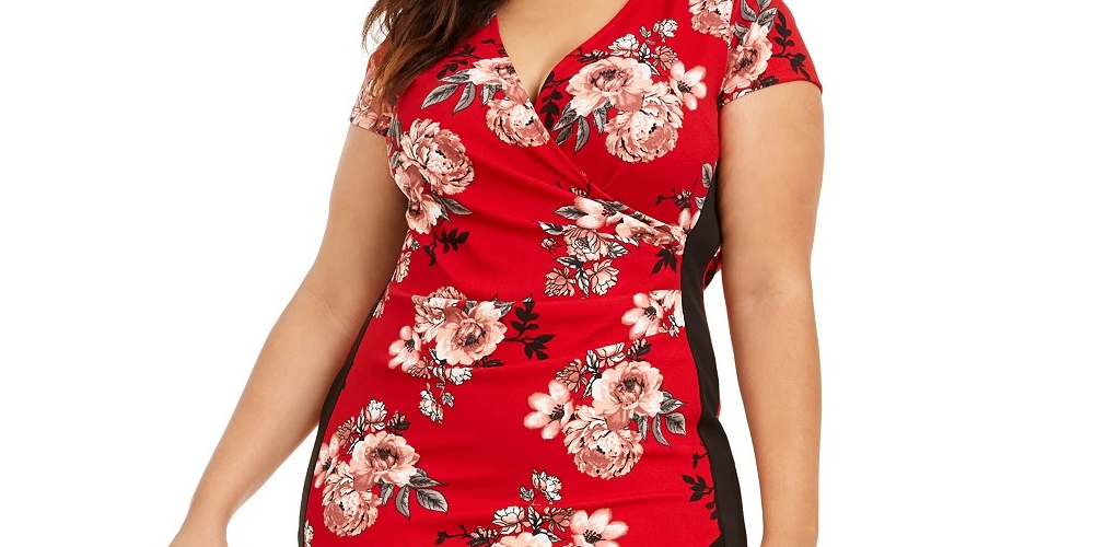 Almost Famous Women's Floral Cap Sleeve V Neck Short Sheath Dress Red Size 2X