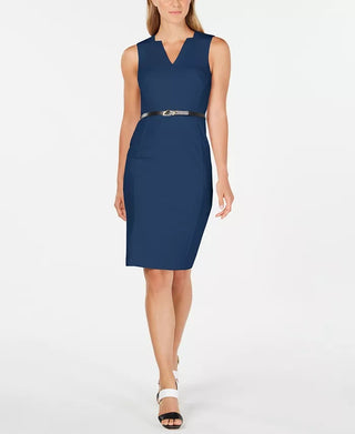 Calvin Klein Women's V Neck Belted Dress Blue Size 12 Petite
