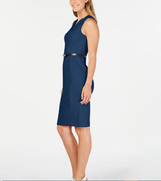 Calvin Klein Women's V Neck Belted Dress Blue Size 12 Petite