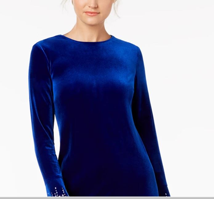 Calvin Klein Women's Rhinestone Zippered Bell Sleeve Jewel Neck Short Sheath Cocktail Dress Blue Size 6 Petite