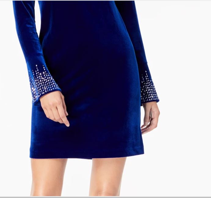 Calvin Klein Women's Rhinestone Zippered Bell Sleeve Jewel Neck Short Sheath Cocktail Dress Blue Size 6 Petite