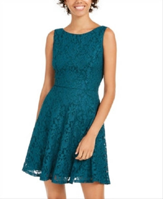 Speechless Women's Green Lace Zippered Sleeveless Jewel Neck Short Fit + Flare Dress Green Size Small