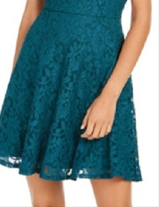 Speechless Women's Green Lace Zippered Sleeveless Jewel Neck Short Fit + Flare Dress Green Size Small
