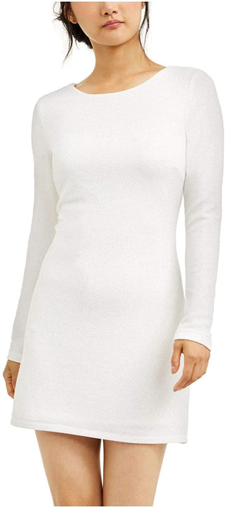Speechless Women's Ivory Glitter Long Sleeve Jewel Neck Above The Knee Body Con Evening Dress White Size 7