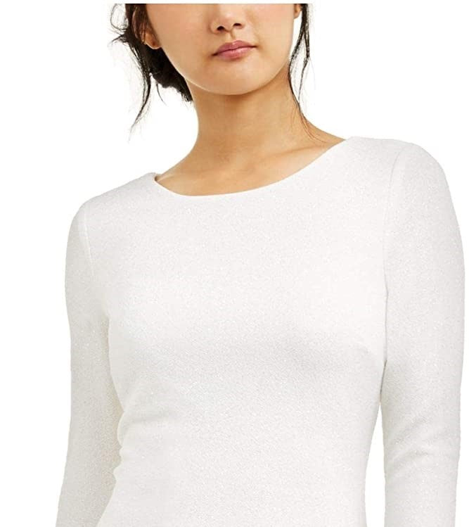 Speechless Women's Ivory Glitter Long Sleeve Jewel Neck Above The Knee Body Con Evening Dress White Size 7