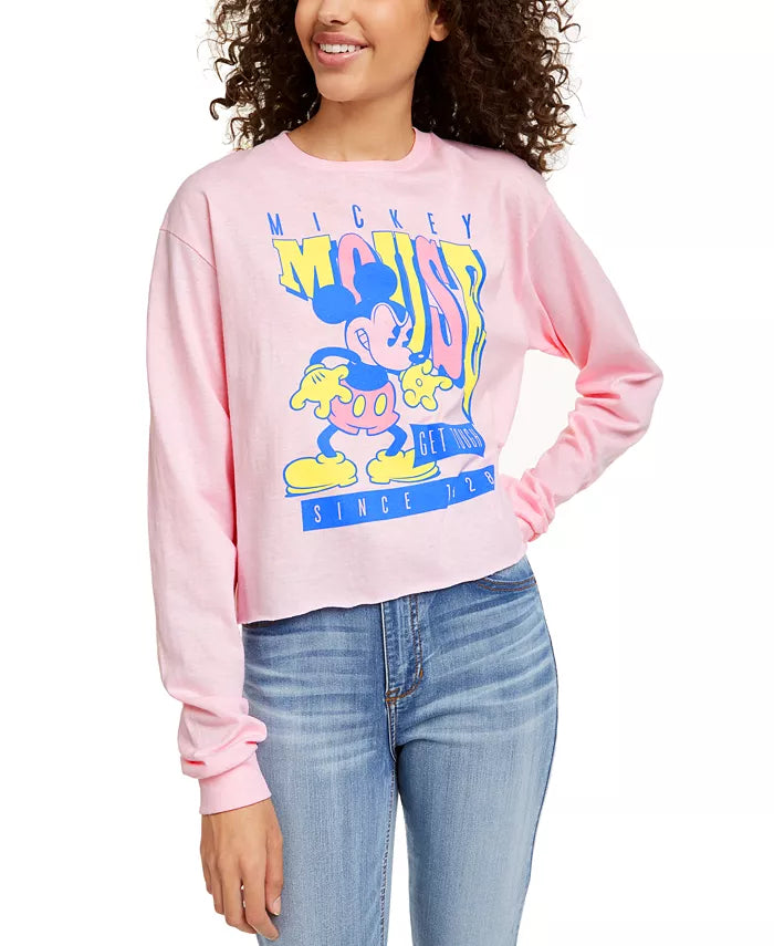 Mad Engine Juniors' Disney Mickey Mouse Tough Long Sleeved Graphic T-Shirt Pink Size X-Small