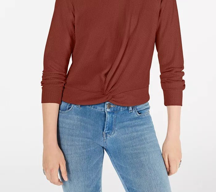Gypsies & Moondust Juniors' Twist-Front Waffle-Knit Top Brown Size Large