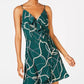 Teeze Me Women's Ruffled Printed Spaghetti Strap V Neck Short Faux Wrap Dress Green Size 1