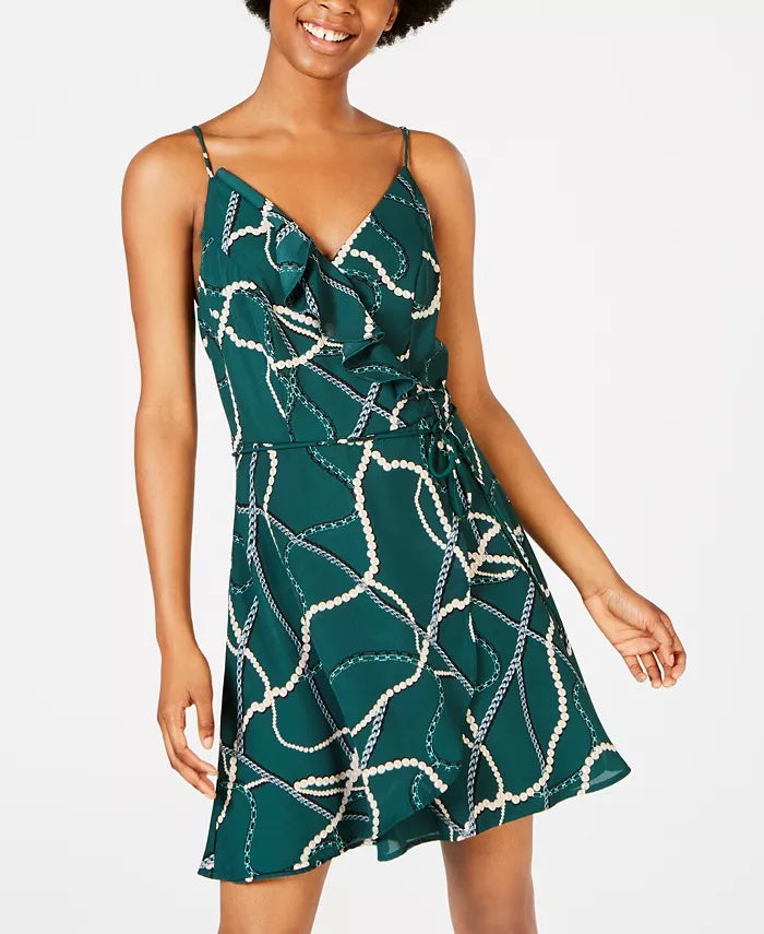 Teeze Me Women's Ruffled Printed Spaghetti Strap V Neck Short Faux Wrap Dress Green Size 1