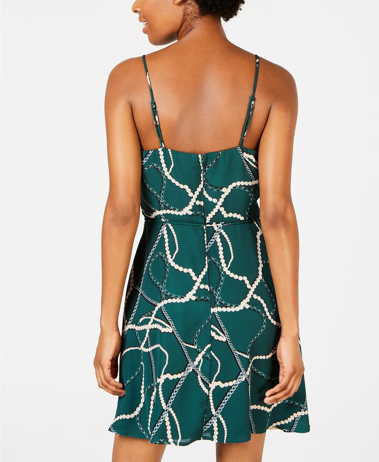 Teeze Me Women's Ruffled Printed Spaghetti Strap V Neck Short Faux Wrap Dress Green Size 1