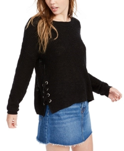 Hippie Rose Juniors' Lace-Up Sweater Black Size Small