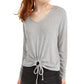 Hippie Rose Junior's Tie Hem V Neck Top Grey Size Large