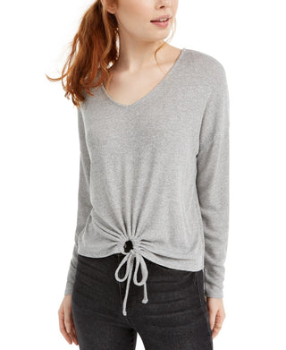 Hippie Rose Junior's Tie Hem V Neck Top Grey Size Large