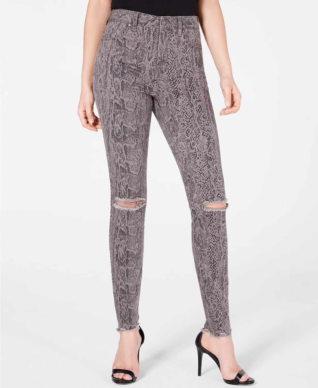 Rewash Juniors' Stevie Ripped Printed Skinny Jeans Gray Size 5