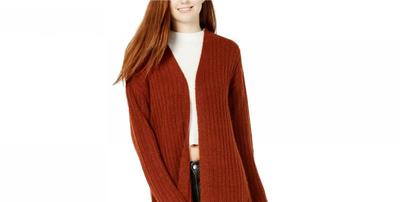 Hooked Up by IOT Juniors' Cozy Rib Knit Cardigan Orange Size X-Large