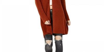 Hooked Up by IOT Juniors' Cozy Rib Knit Cardigan Orange Size X-Large