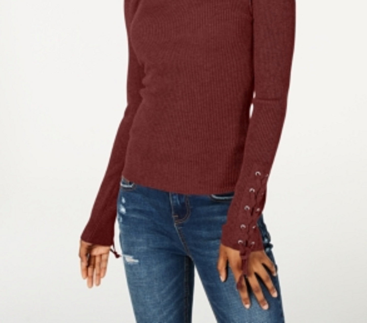 Hooked Up By Iot Juniors' Lace-Up Rib-Knit Sweater Dark Red Size X-Large