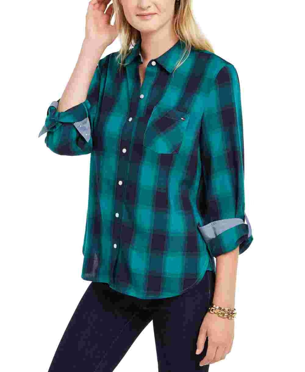 Tommy Hilfiger Women's Check Print Button Down Shirt Green Size X-Small