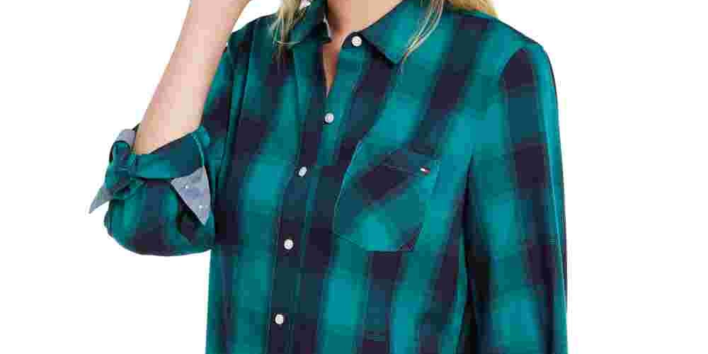 Tommy Hilfiger Women's Check Print Button Down Shirt Green Size X-Small