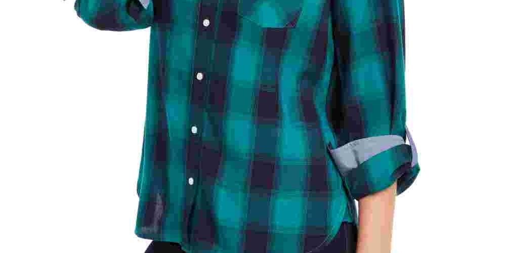 Tommy Hilfiger Women's Check Print Button Down Shirt Green Size X-Small