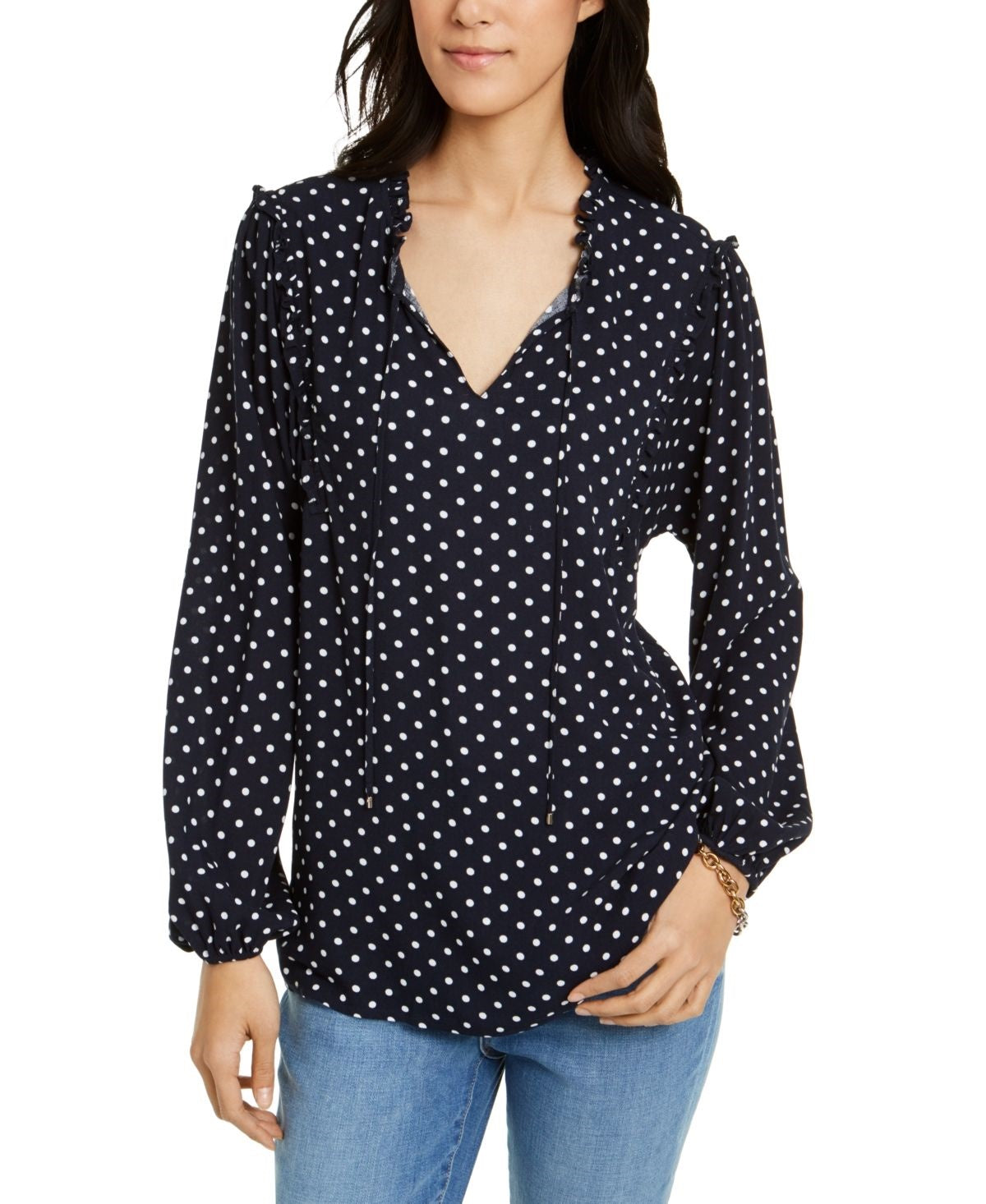 Tommy Hilfiger Women's Printed Ruffled-Neck Blouse Blue Size XX-Large