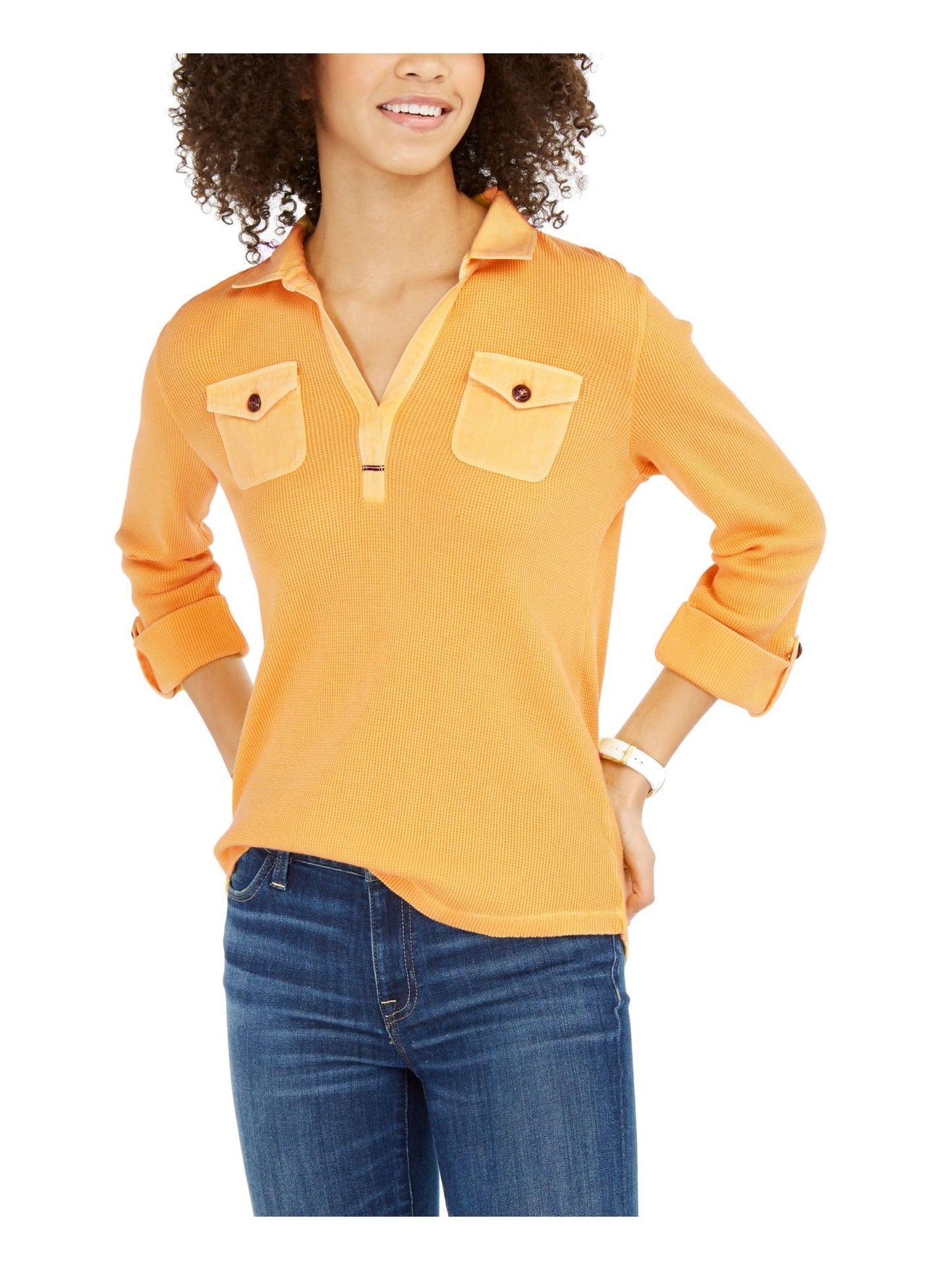 Tommy Hilfiger Women's Waffle Knit Long Sleeve Collared Blouse Top Yellow Size X-Large