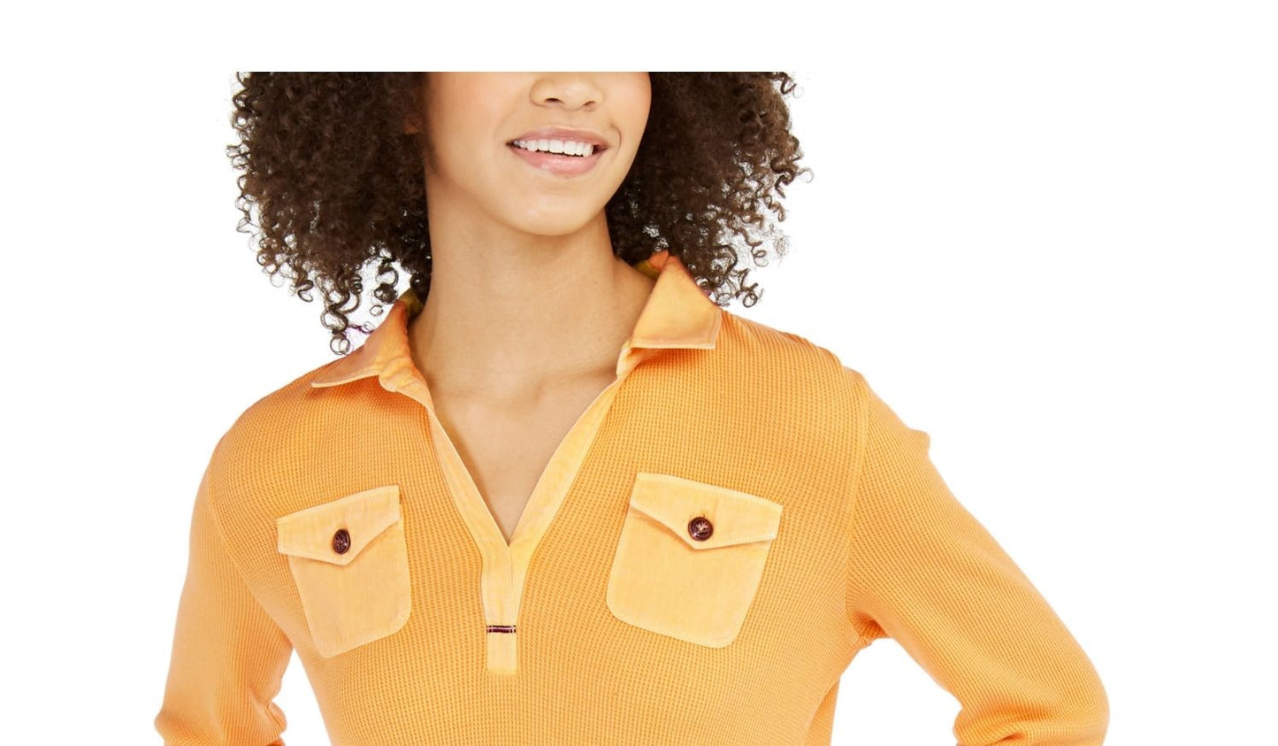 Tommy Hilfiger Women's Waffle Knit Long Sleeve Collared Blouse Top Yellow Size X-Large