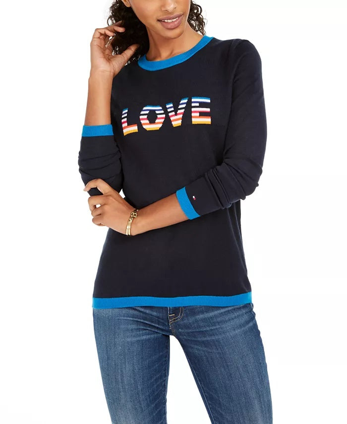 Tommy Hilfiger Women's Rainbow Love Ringer Sweater Blue Size X-Large