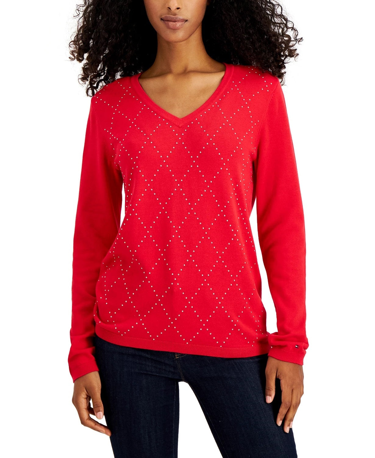 Tommy Hilfiger Women's Studded Argyle Cotton Sweater Red Size Large