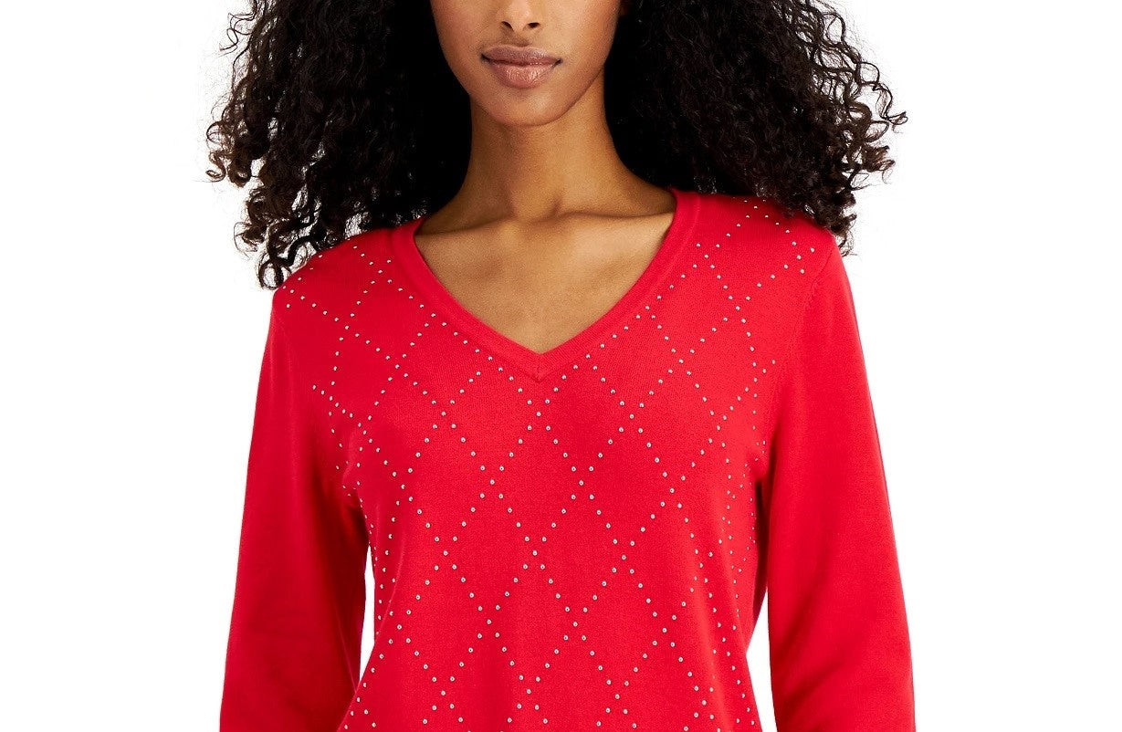 Tommy Hilfiger Women's Studded Argyle Cotton Sweater Red Size Large