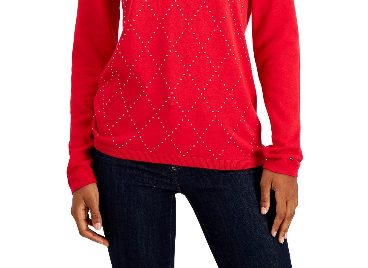Tommy Hilfiger Women's Studded Argyle Cotton Sweater Red Size Large