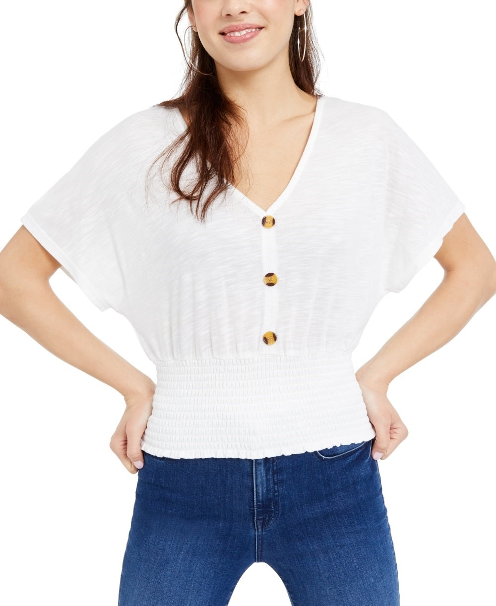 Crave Fame Junior's Button Front Smocked Top White Size X-Large