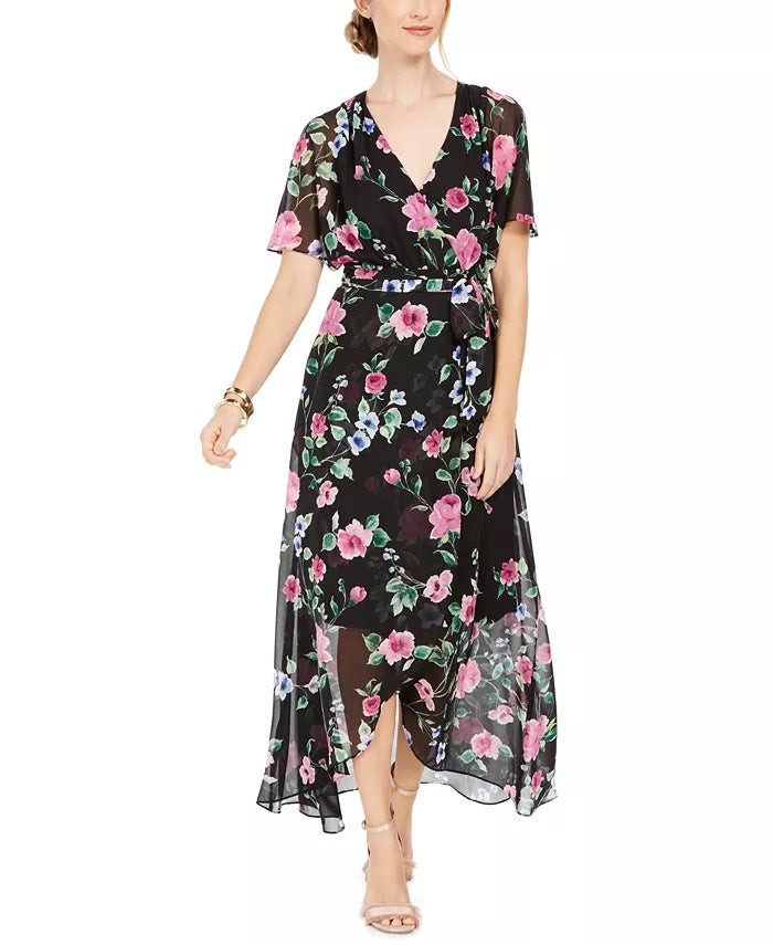 Jessica Howard Women's Floral-Print Faux-Wrap Maxi Dress Charcoal Size 16
