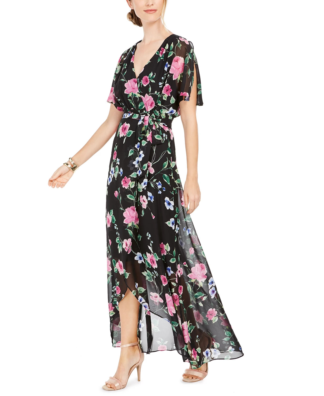 Jessica Howard Women's Floral-Print Faux-Wrap Maxi Dress Charcoal Size 16