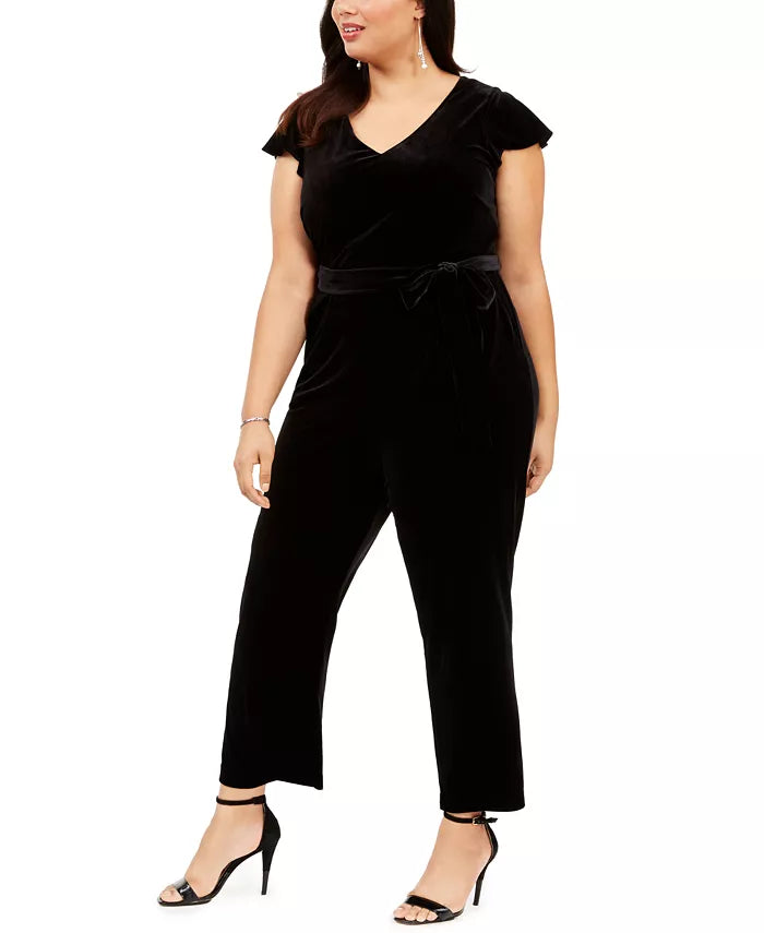 Jessica Howard Women's Plus Size Velvet Belted Jumpsuit Black Size Small Petite