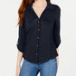 Crave Fame Junior's Roll Sleeve Button Front Shirt Navy Size X-Small