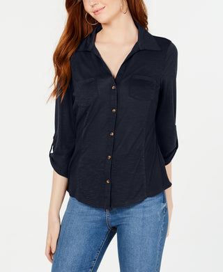 Crave Fame Junior's Roll Sleeve Button Front Shirt Navy Size X-Small