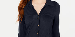 Crave Fame Junior's Roll Sleeve Button Front Shirt Navy Size X-Small