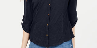 Crave Fame Junior's Roll Sleeve Button Front Shirt Navy Size X-Small
