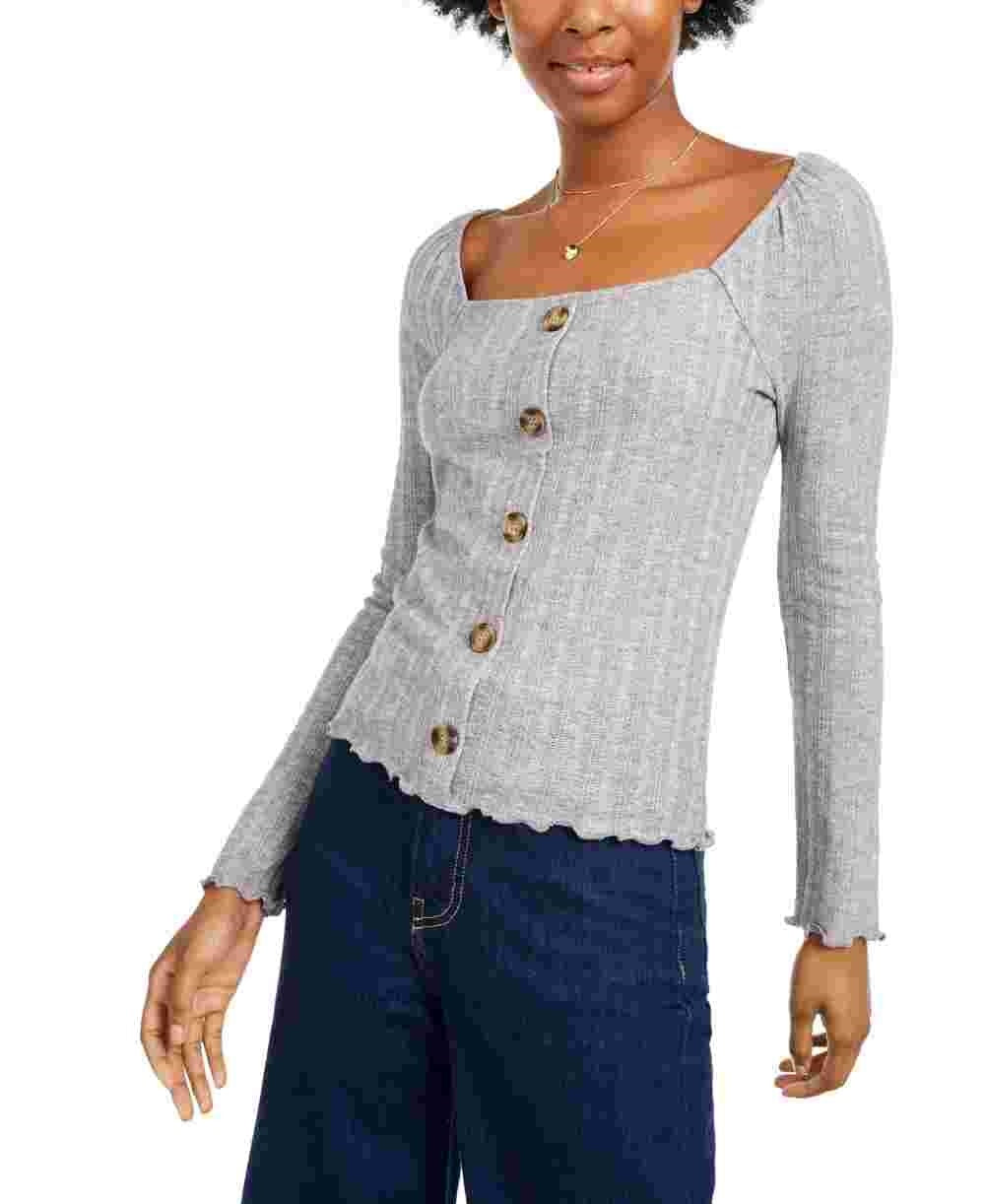 Almost Famous Juniors' Button-Front Pointelle Top Gray Size X-Large