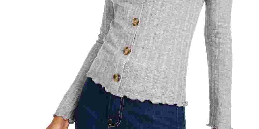 Almost Famous Juniors' Button-Front Pointelle Top Gray Size X-Large
